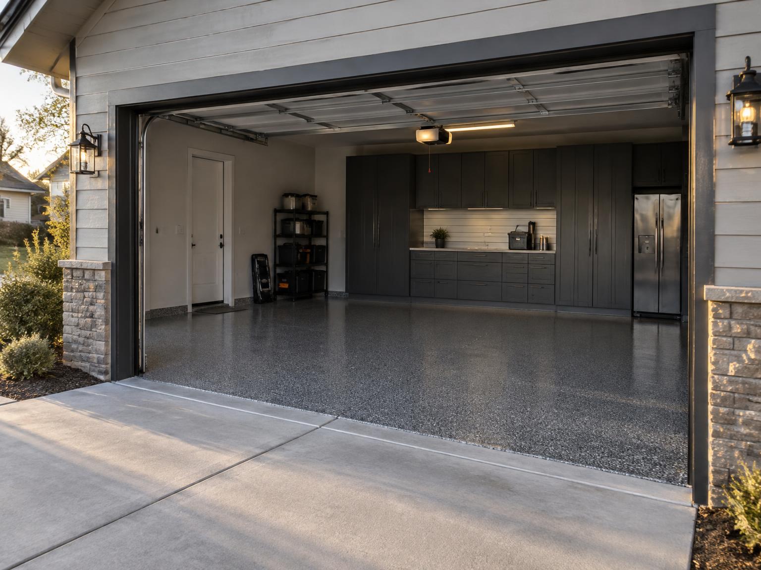 Modern residential two-car garage with a finished gray flake floor coating and charcoal cabinets
